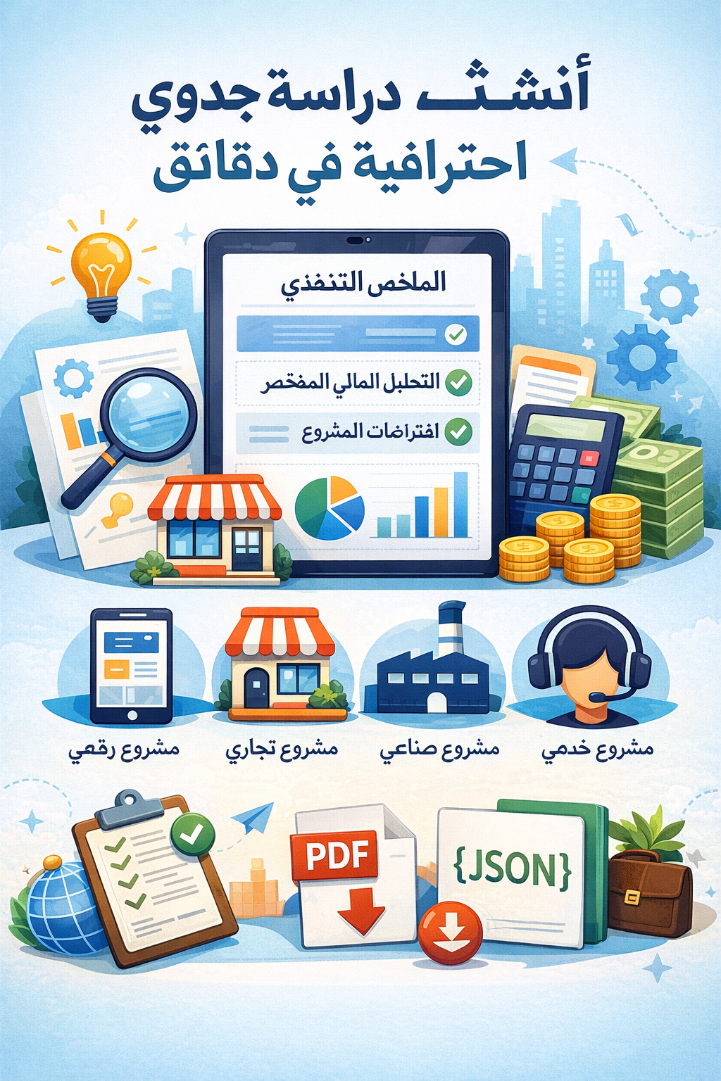 أنشئ دراسة جدوى عربية احترافية خلال دقائق